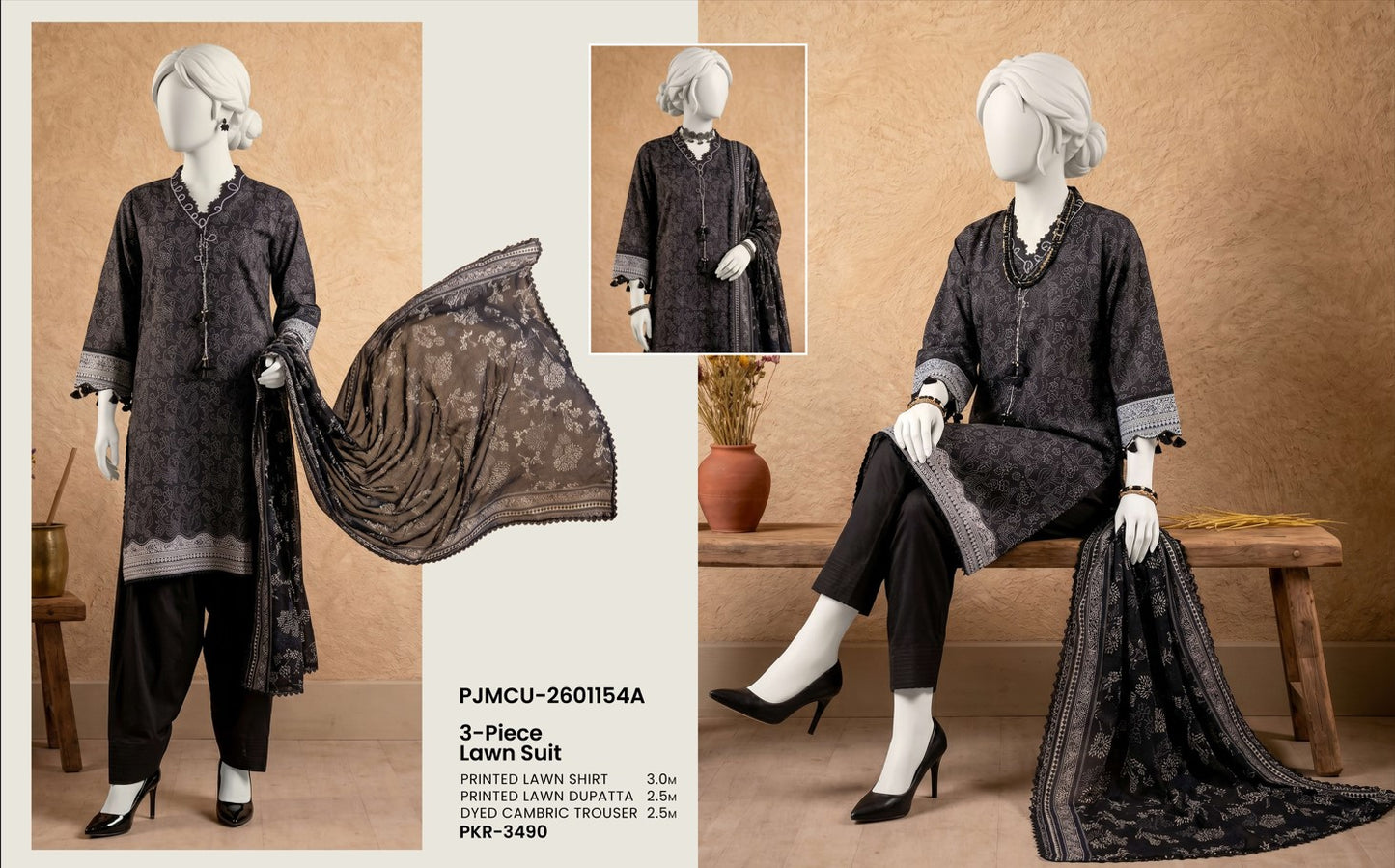 J. Panjnad | Unstitched Black and White Printed Lawn 3 Piece Collection