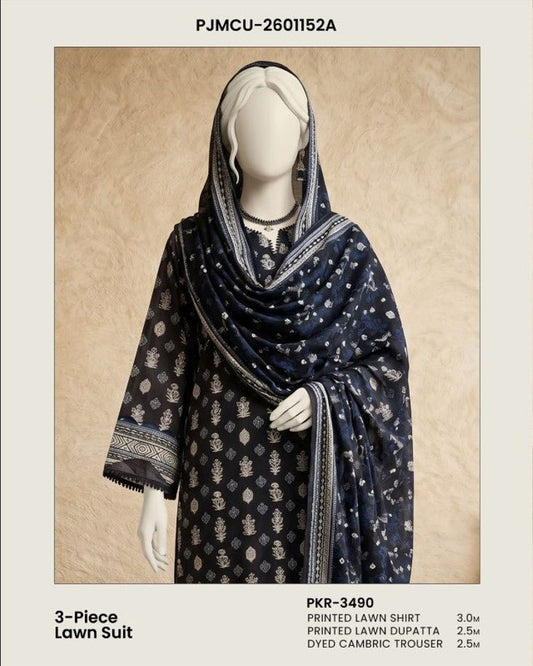 J. Panjnad | Unstitched Black and White Printed Lawn 3 Piece Collection - BarerahFabrics