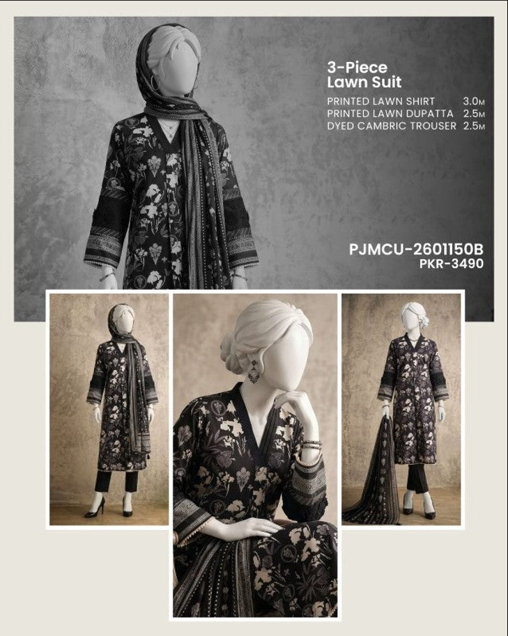 J. Panjnad | Unstitched Black and White Printed Lawn 3 Piece Collection