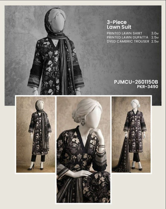 J. Panjnad | Unstitched Black and White Printed Lawn 3 Piece Collection - BarerahFabrics