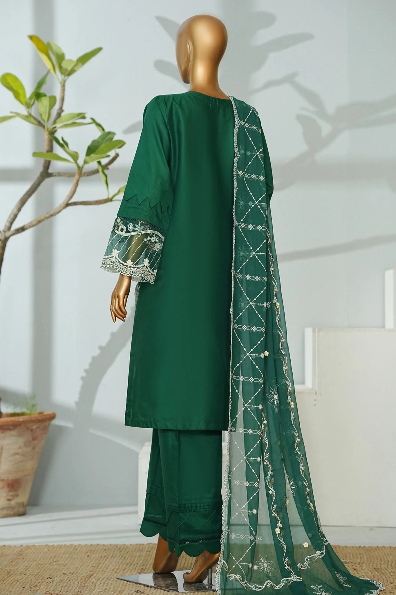 Bin Saeed Stitched | 3 Pc Luxury Plain Embroidered Lawn with Chiffon Dupatta