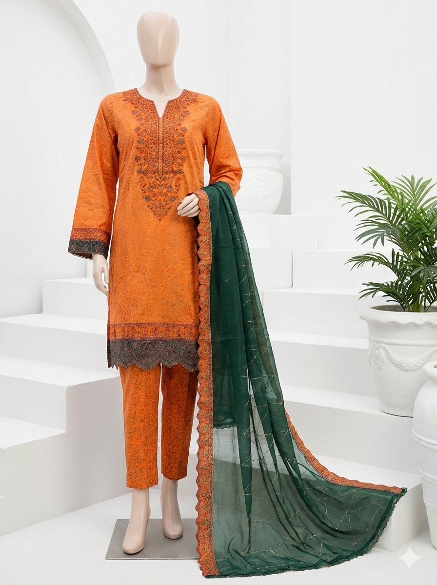 Bin Saeed | 3 Piece Stitched Embroidered Lawn Dress with Block Print