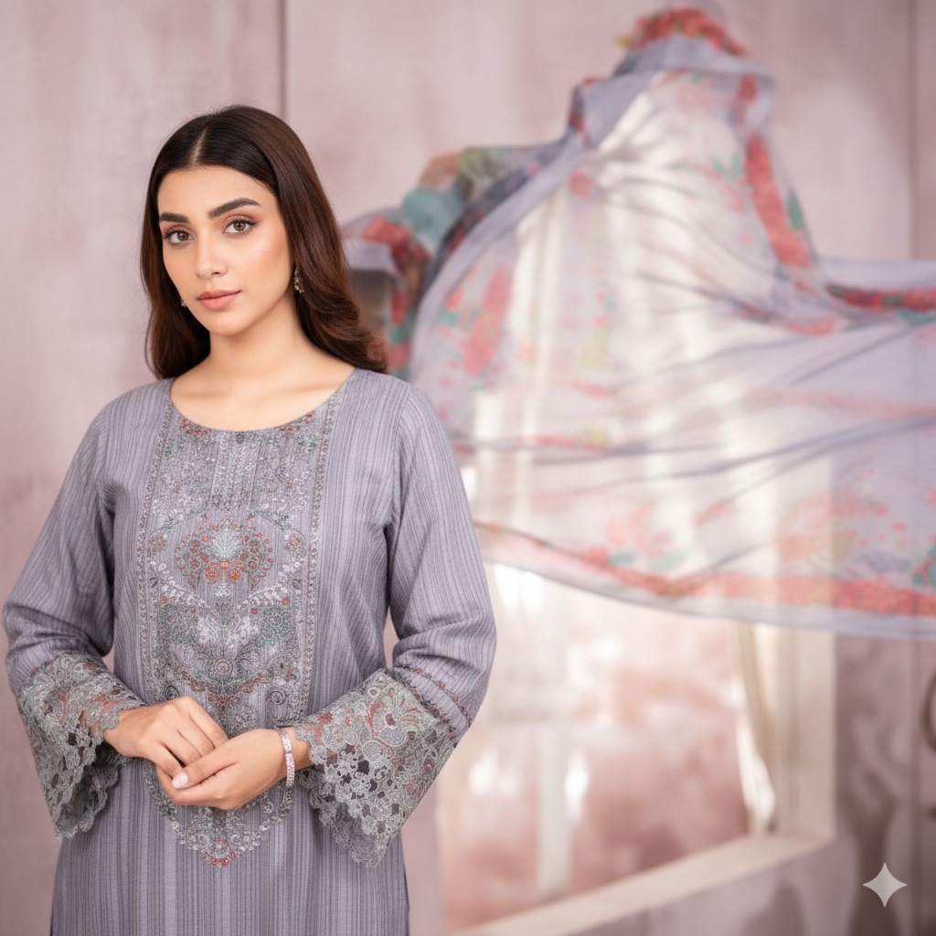 Silwalo | Exclusive Stitched 3-Piece Embroidered Soft Cotton with Chiffon Dupatta