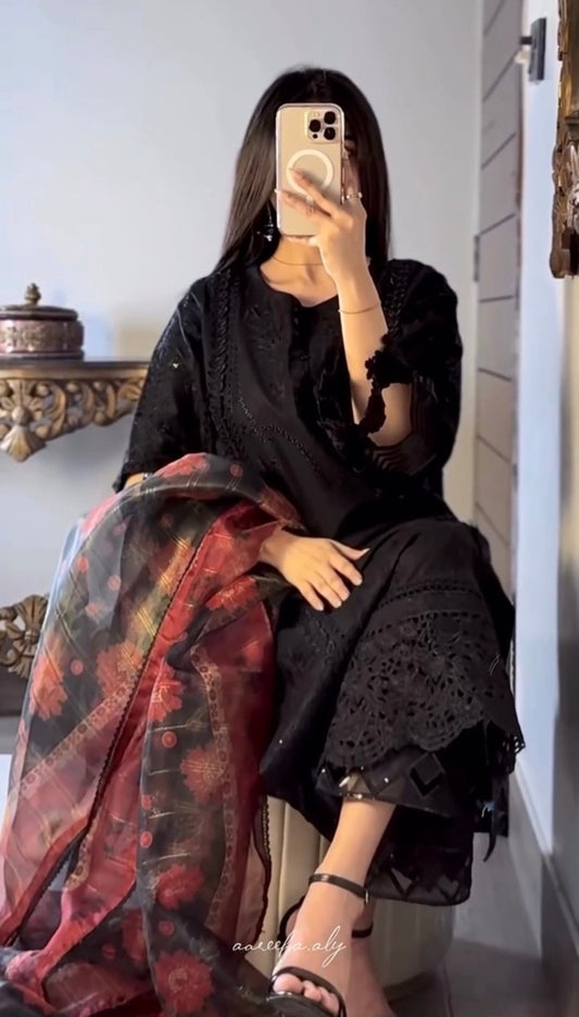 Silwalo | Stitched 3Pc Heavy Embroidered Cotton – Black - BarerahFabrics