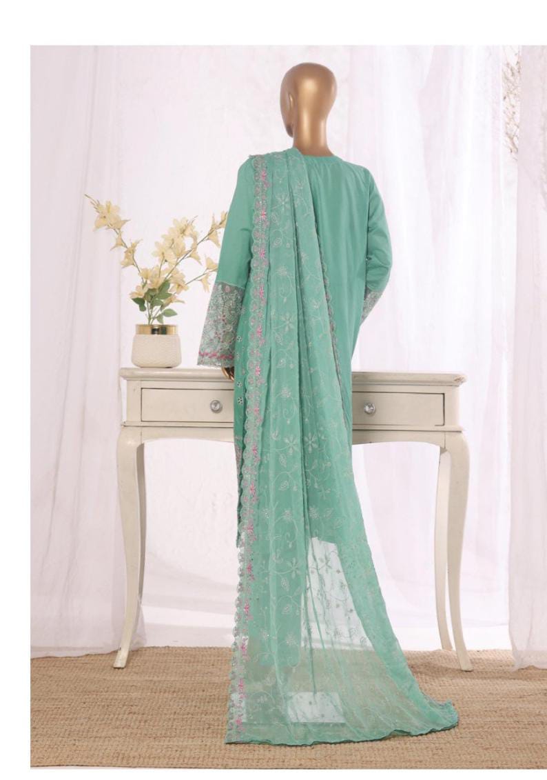 Bin Saeed Stitched | 3 Pc Luxury Plain Embroidered Lawn with Chiffon Dupatta