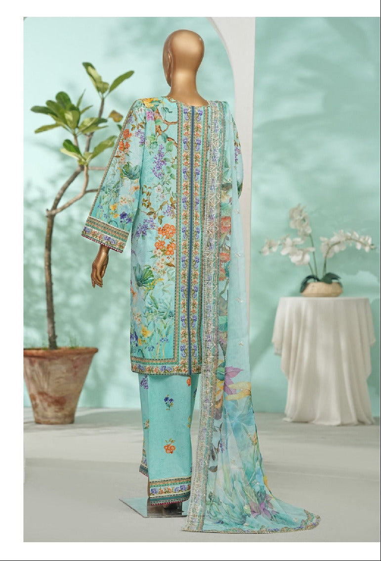 Bin Saeed | Stitch 3 Pc Embroidered Lawn With Farshi Shalwar And Embroidered Chiffon Dupatta