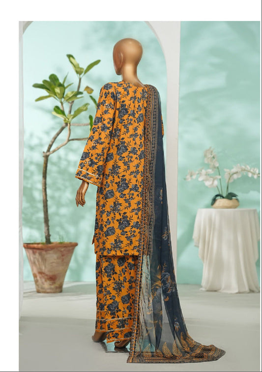 Bin Saeed | Stitch 3 Pc Embroidered Lawn With Farshi Shalwar And Embroidered Chiffon Dupatta