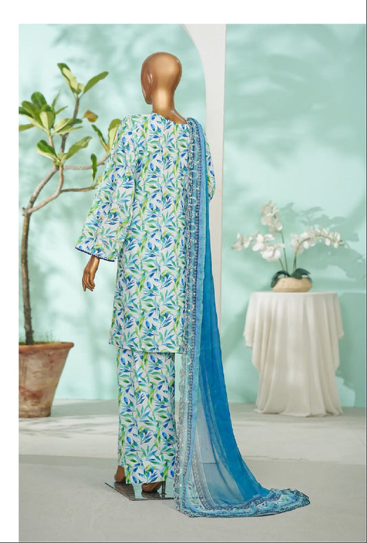 Bin Saeed | Stitch 3 Pc Embroidered Lawn With Farshi Shalwar And Embroidered Chiffon Dupatta