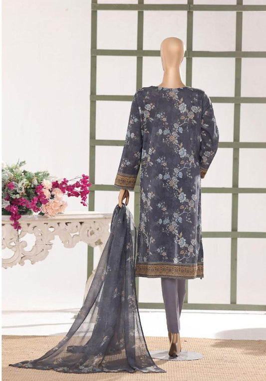 HZ | Unstitch 3 Pc Digital Printed Heavy Embroidered Slub Lawn with Chiffon Dupatta