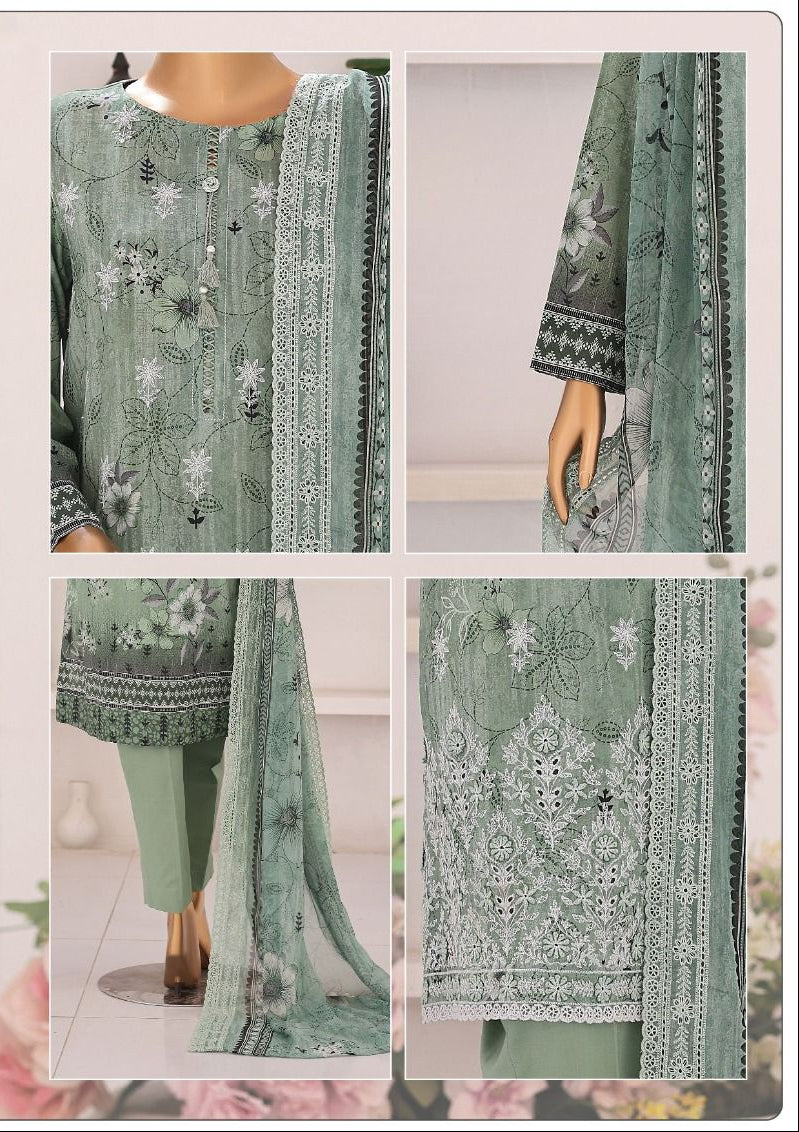 HZ | Unstitch 3 Pc Chikankari Suit with Printed Chiffon Dupatta