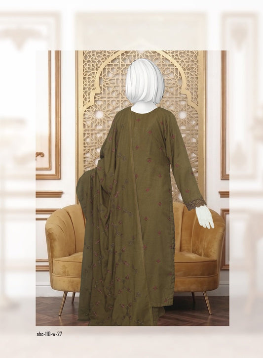 Al Boutique Centre | Safina | Unstitched 3Pc Fancy Embroidered Shirt With Fancy Shawl | Olive Green - BarerahFabrics