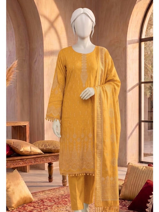Al Boutique Centre | Balam | Dhanak Jaquard Zari Printed Unstitched 3Pc – Mustard - BarerahFabrics