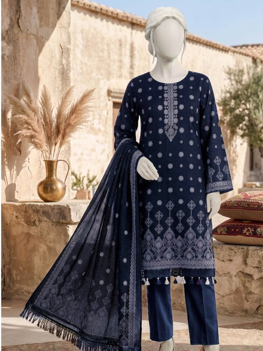 Al Boutique Centre | Balam | Dhanak Jaquard Zari Printed Unstitched 3Pc – Navy Blue - BarerahFabrics