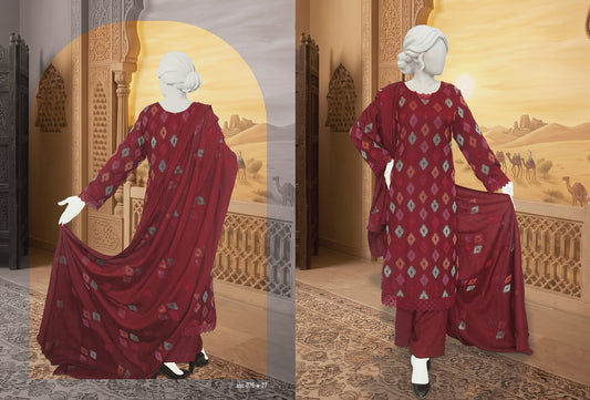 ABC Shumile burgundy embroidered marina slub suit, second pose