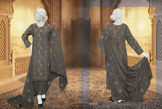 ABC Shumile charcoal grey embroidered marina slub suit, second pose
