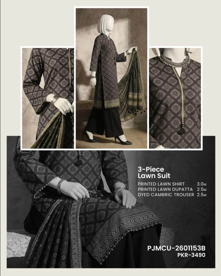 J. Panjnad | Unstitched Black and White Printed Lawn 3 Piece Collection