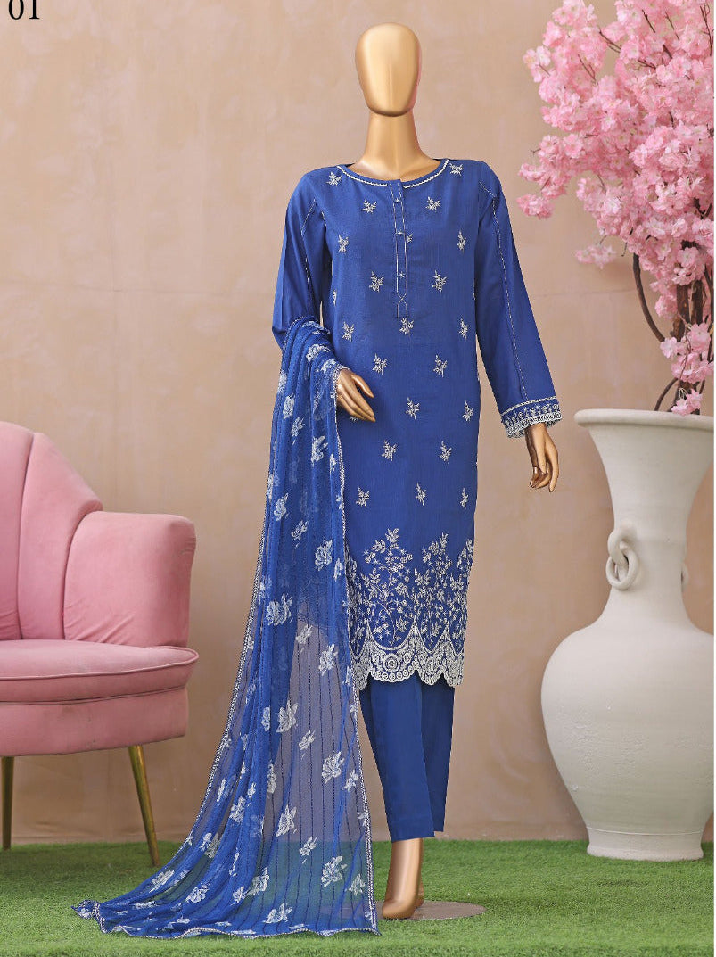HZ DYNASTY | 3D Unstitch 3 Pc Embroidered Slub Lawn Collection
