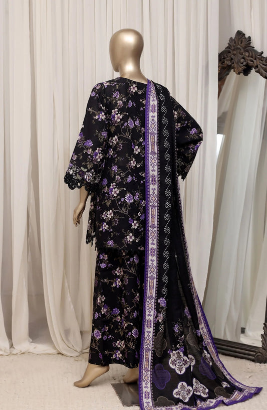 Sada Bahar Raya black and purple floral embroidered khaddar suit back view