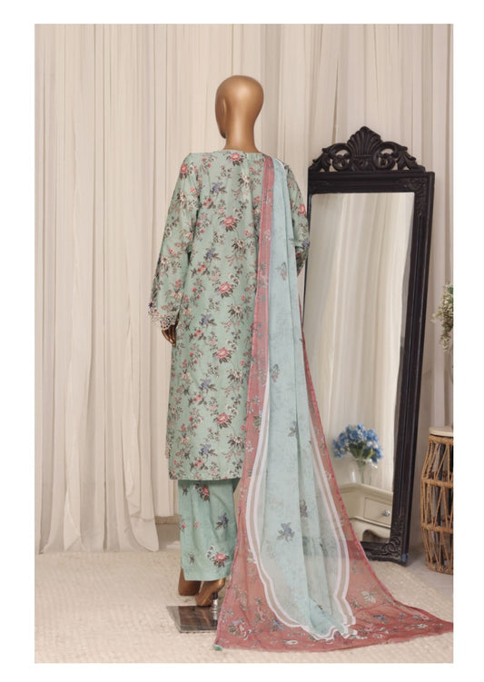 Sada Bahar Raya Mint Green stitched embroidered cotton suit — back view