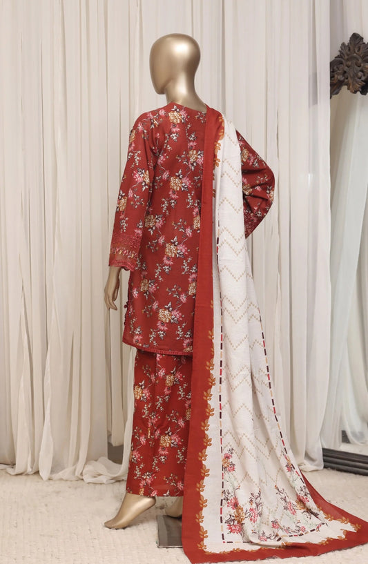Sada Bahar Raya rust red floral embroidered khaddar suit back view