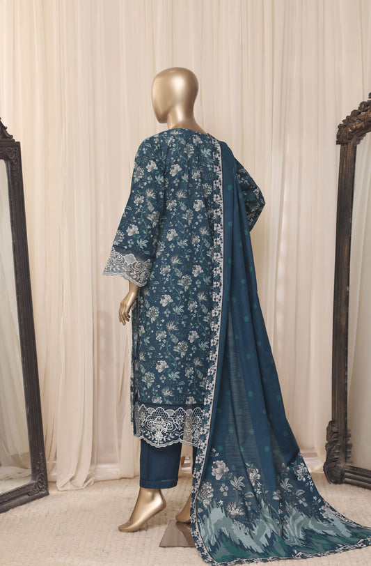 Back view of Sada Bahar Signature teal navy embroidered khaddar suit on mannequin