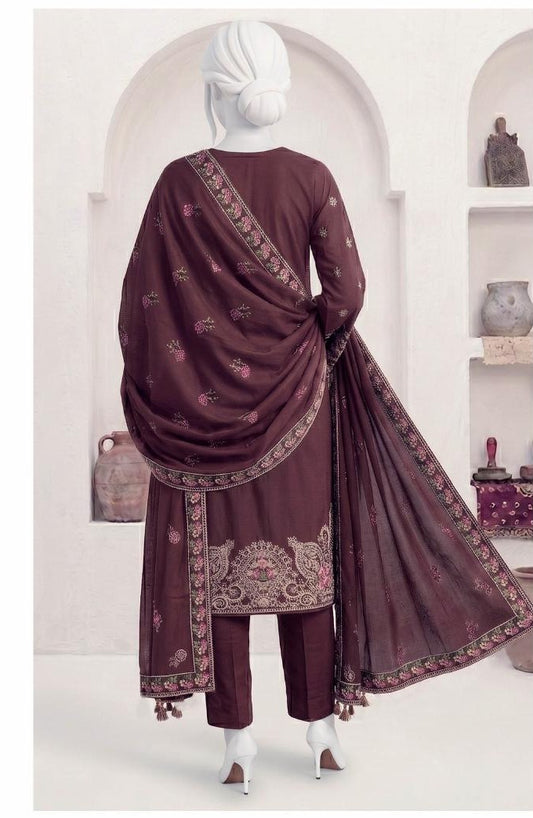 Al Boutique Centre | Panna | Unstitched Heavy Embroidered 3Pc Fancy Marina Dhanak With Shawl | Volume 04 - Plum image 2