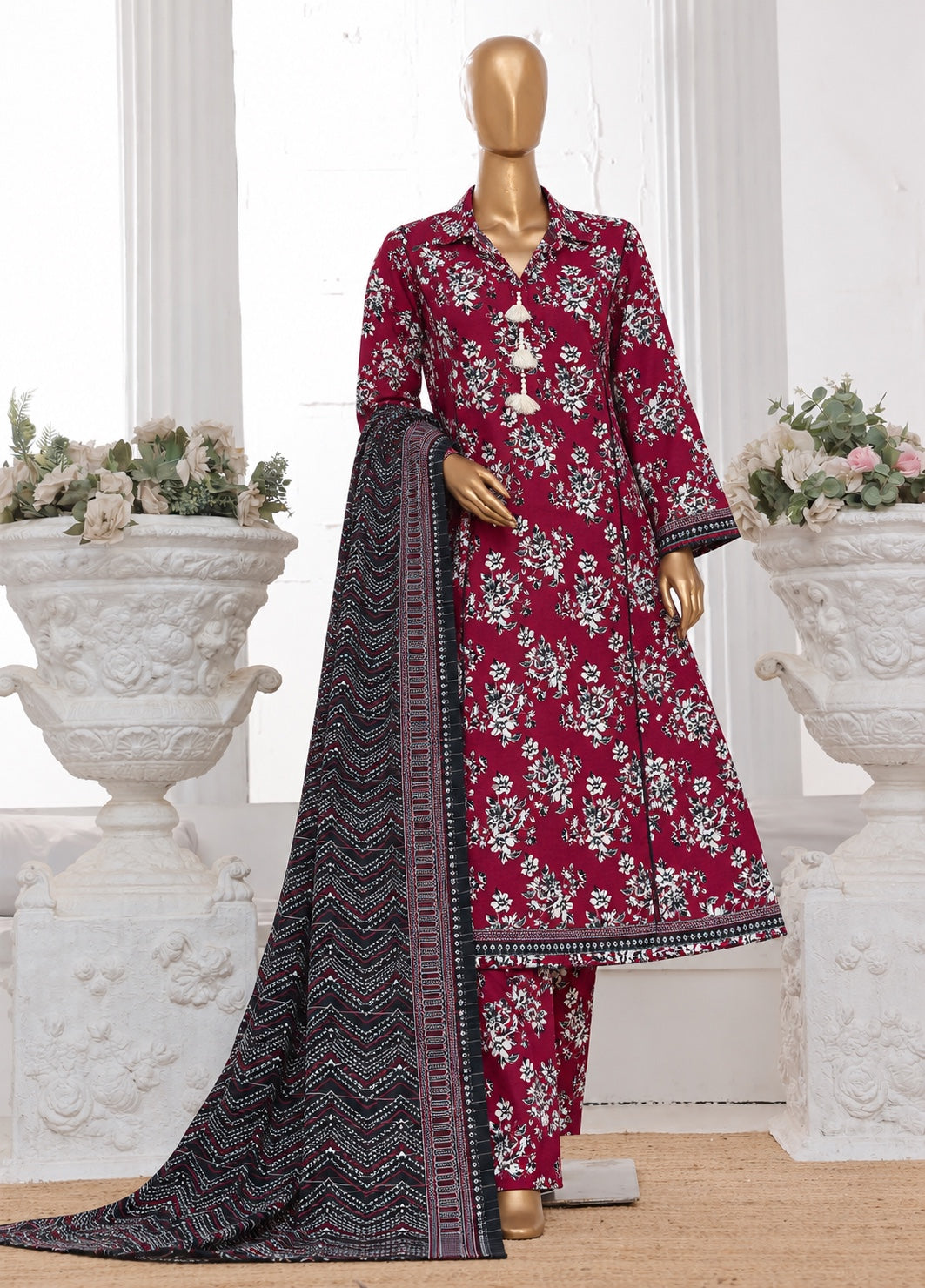 Bin Saeed maroon stitched 3-piece printed Khaddar frock suit