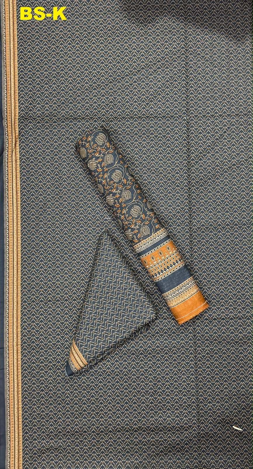 Charcoal slate blue chevron printed khaddar with mustard border