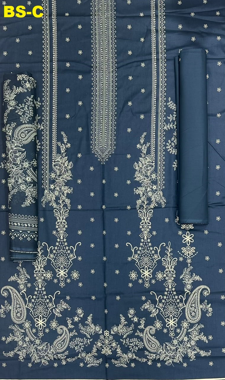 Bin Saeed Unstitched Printed Cotton - Navy Blue