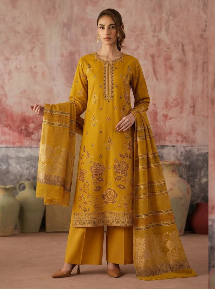 Mustard yellow Shokh Chunchal suit, complete outfit