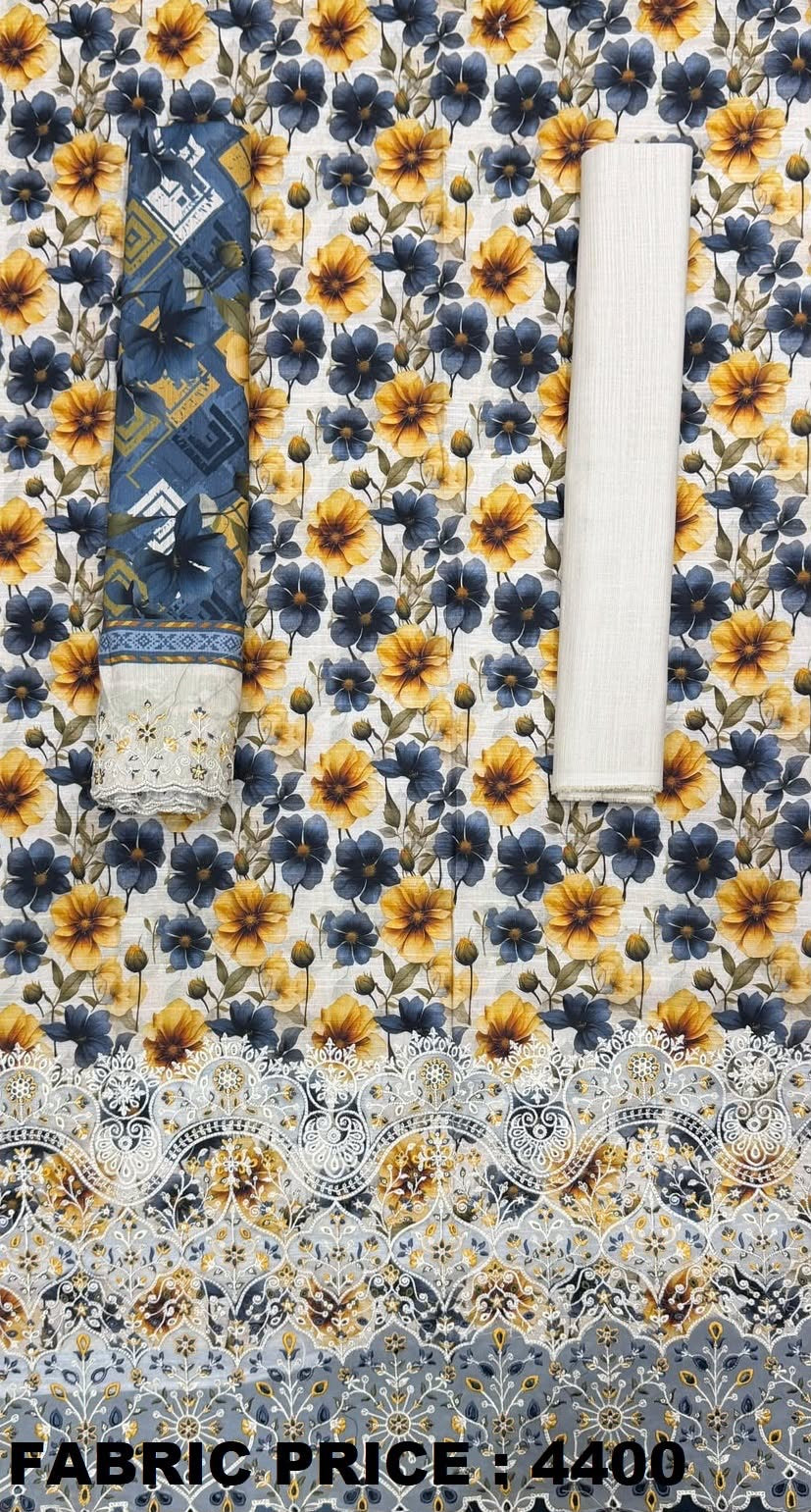 Mustard and navy floral Riwayat unstitched embroidered khaddar 3-piece suit