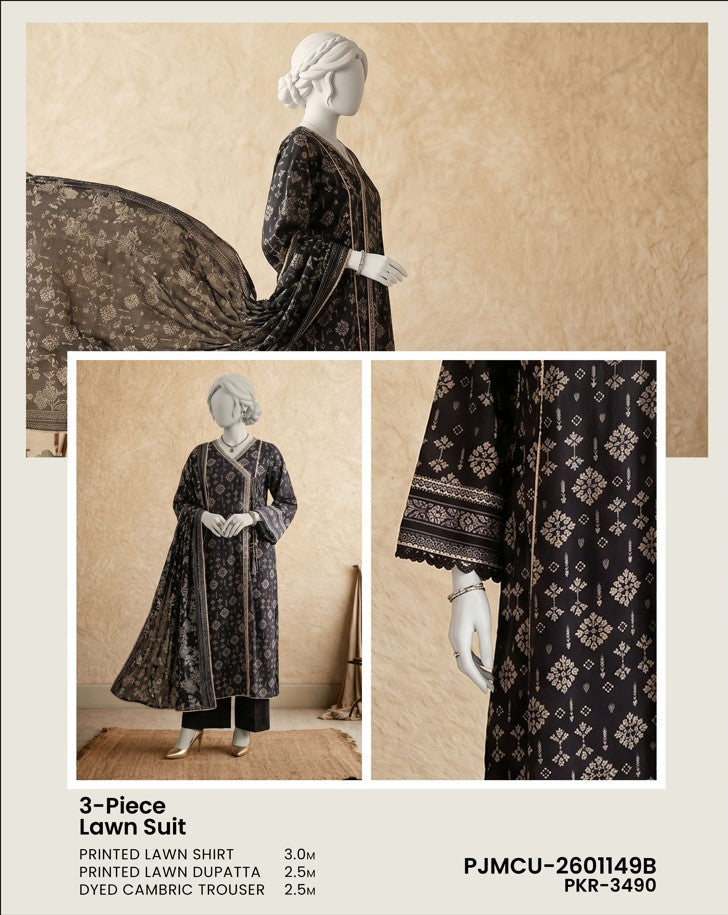 J. Panjnad | Unstitched Black and White Printed Lawn 3 Piece Collection
