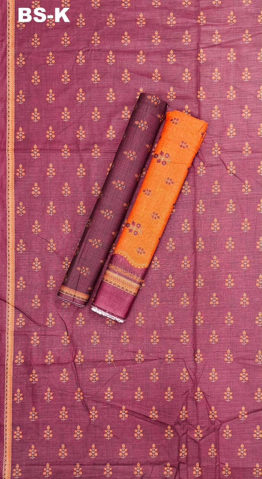 Mauve rose printed khaddar with orange coordinating fabric