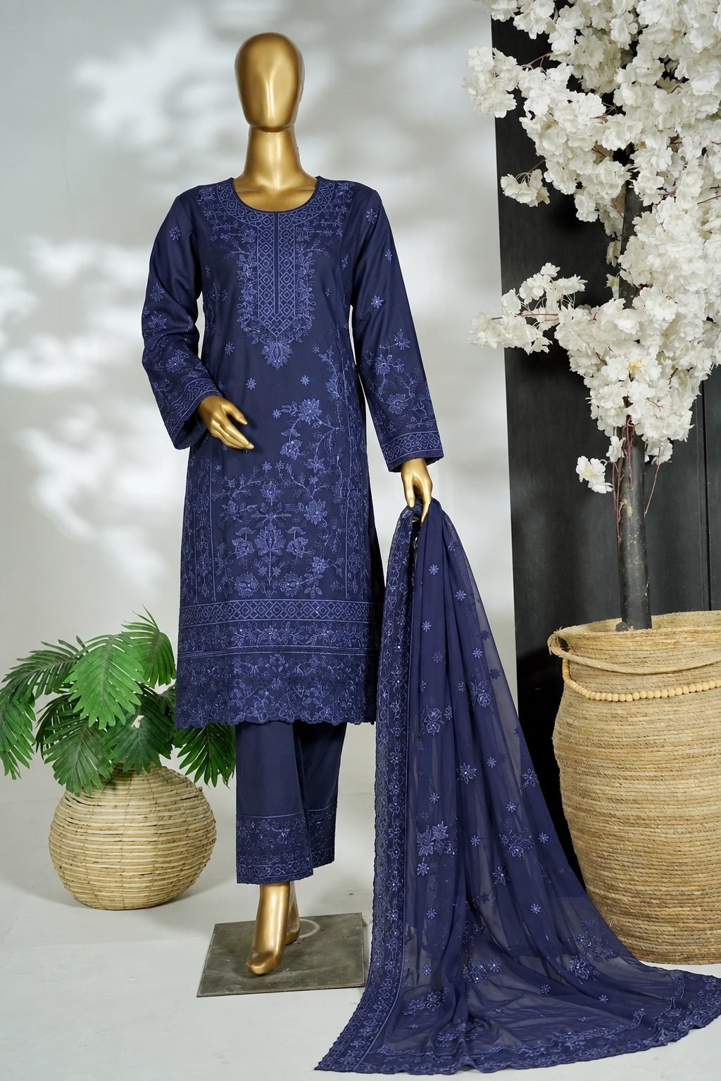 Silwalo | Stitched 3Pc Heavy Embroidered Cotton – Navy Blue - BarerahFabrics