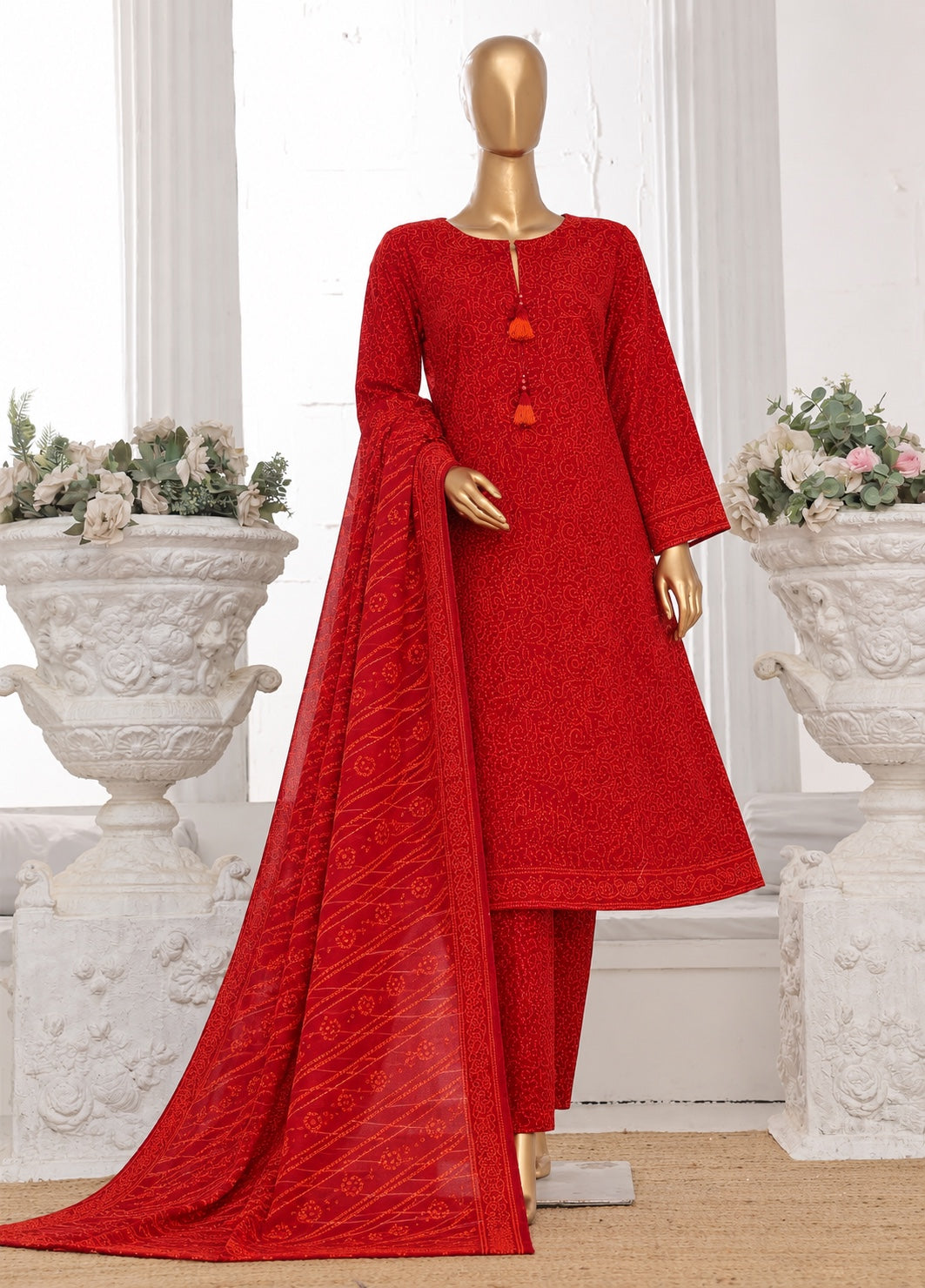 Bin Saeed red stitched 3-piece printed Khaddar frock suit