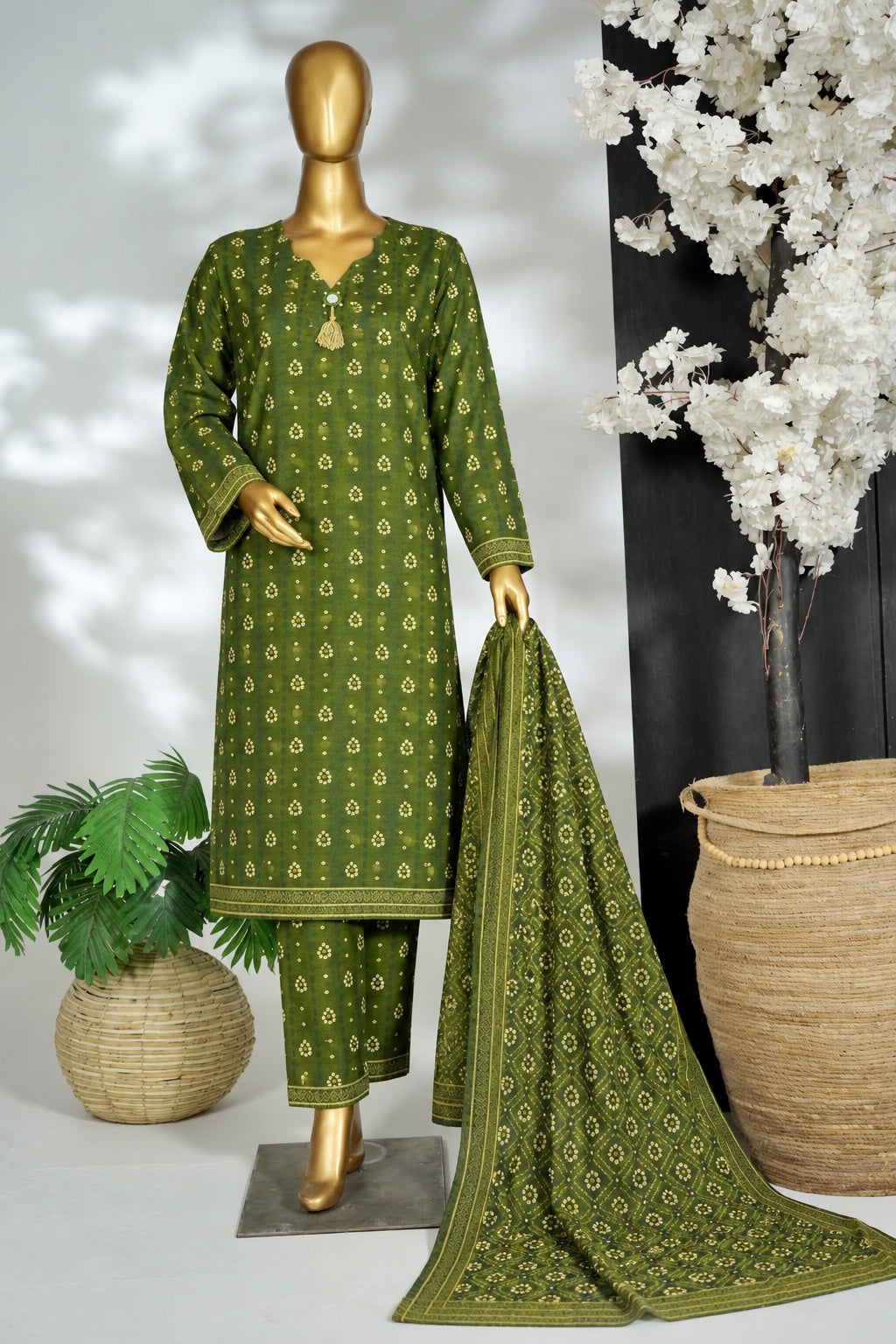 Bin Saeed Stitched 3Pc Printed Khaddar - Olive Green