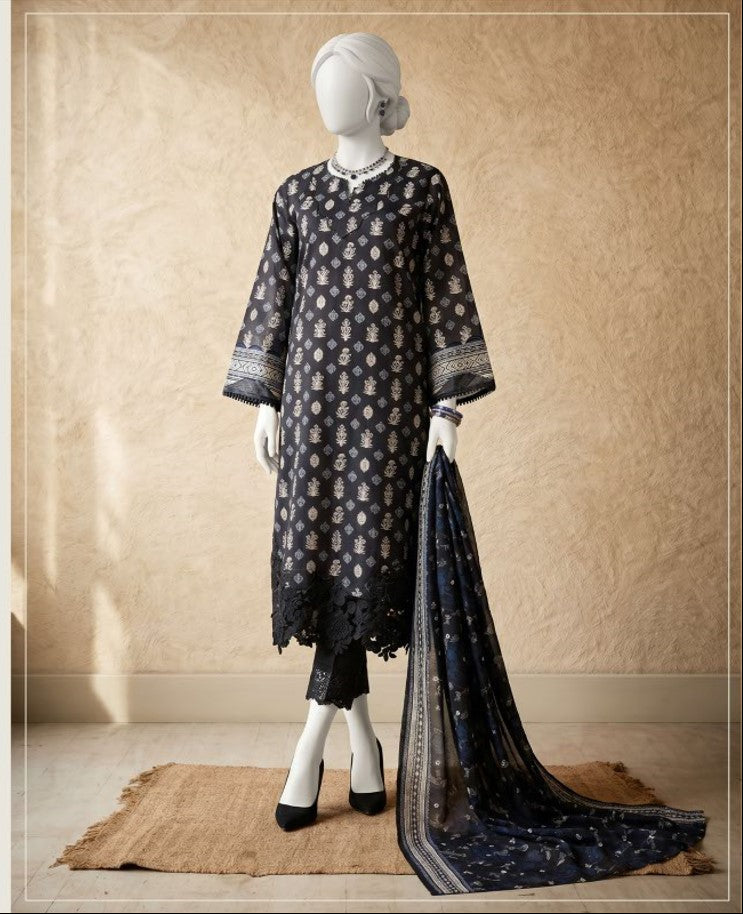 J. Panjnad | Unstitched Black and White Printed Lawn 3 Piece Collection