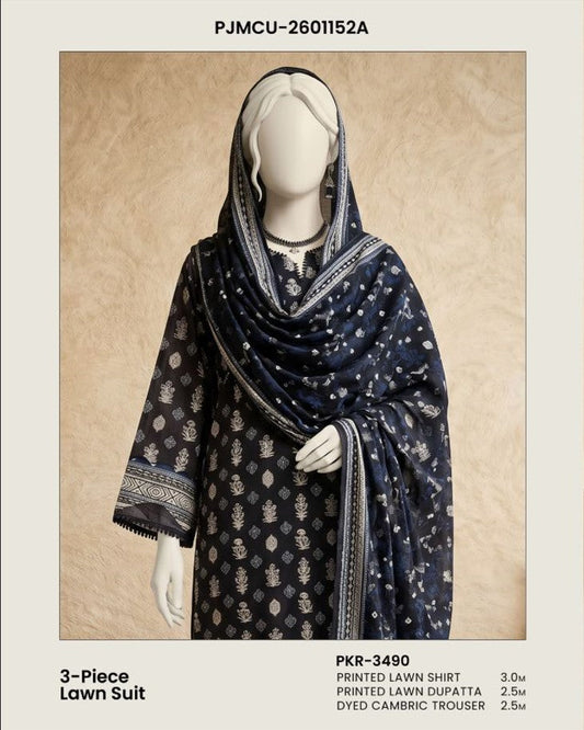 J. Panjnad | Unstitched Black and White Printed Lawn 3 Piece Collection