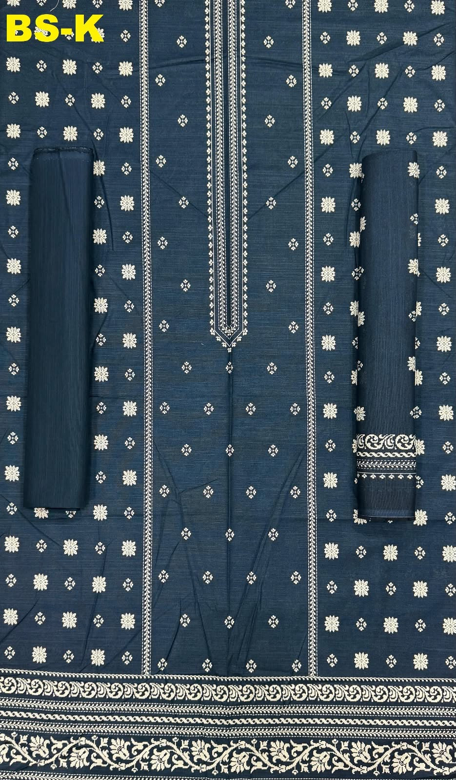 Navy blue khaddar with cream motifs and decorative front panel