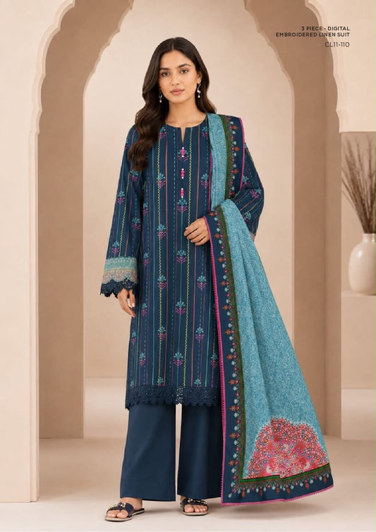 Sapphire 3 Piece Digital Printed Embroidered Linen Suit | CL11-110 - BarerahFabrics