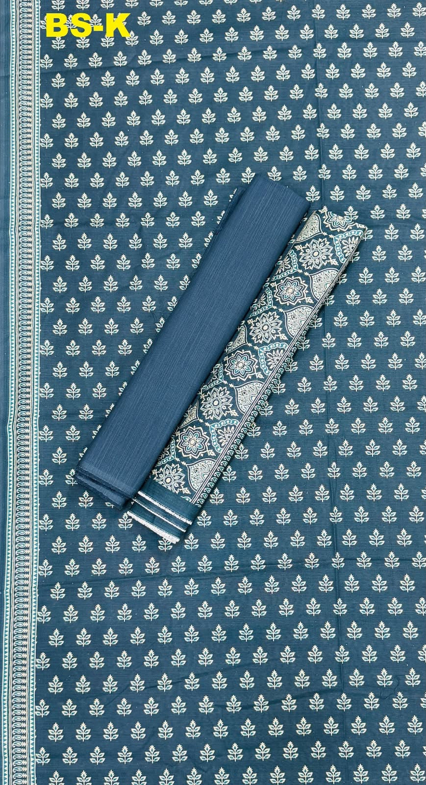 Slate blue khaddar with cream botanical motifs