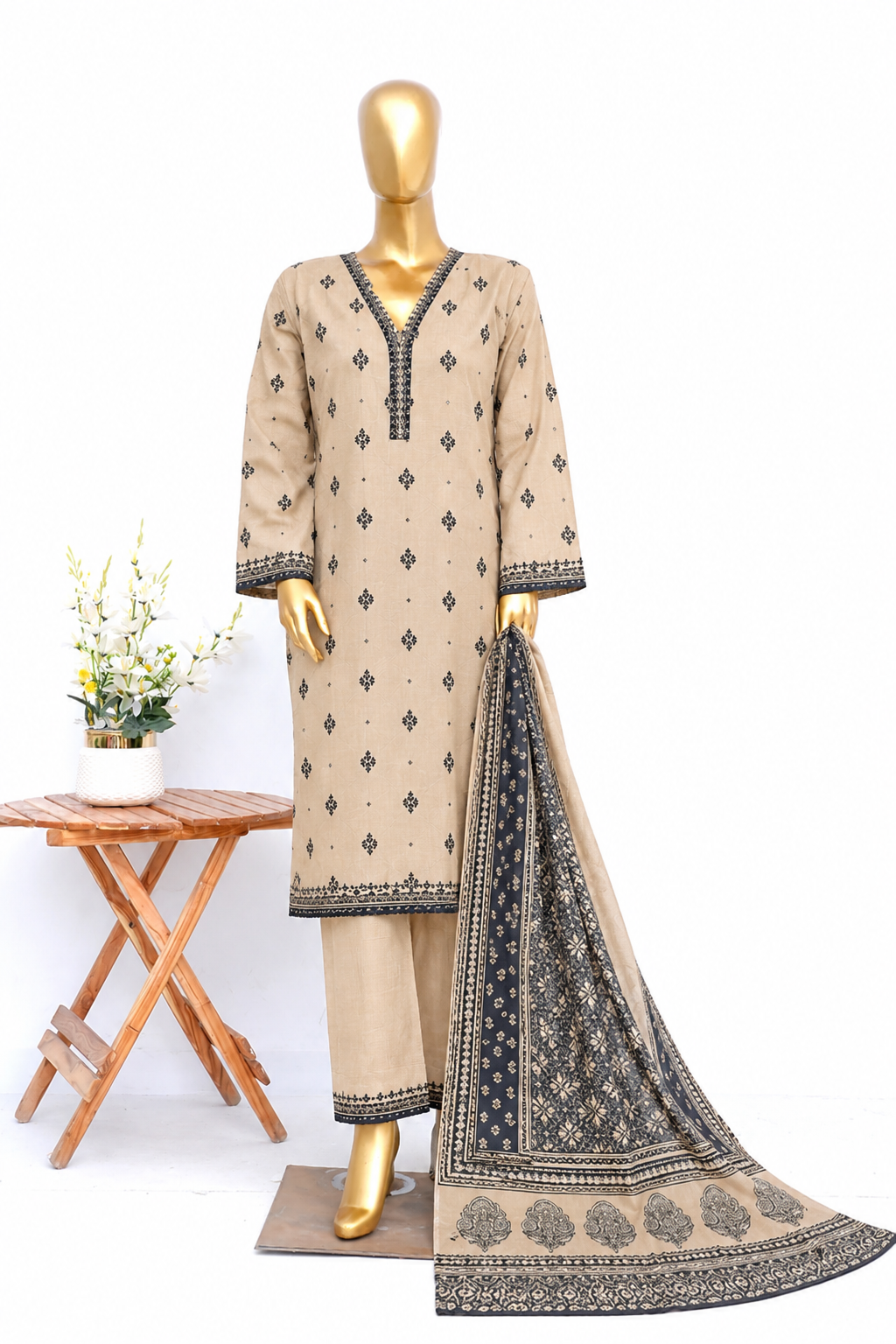 Bin Saeed | Stitch 3Pc Embroidered Khaddar With Plazo Trouser