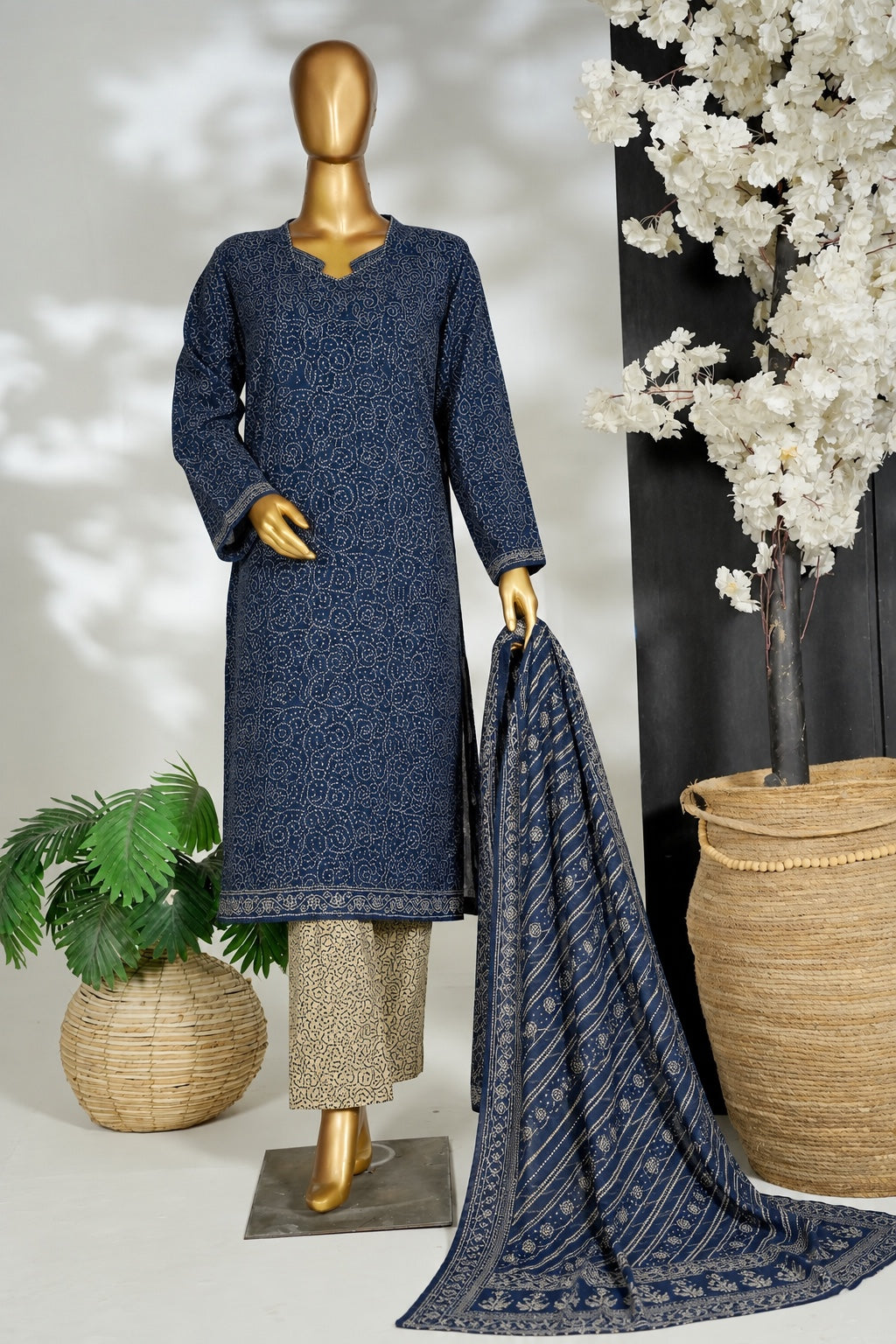 Bin Saeed Stitched 3Pc Printed Khaddar - Navy Blue