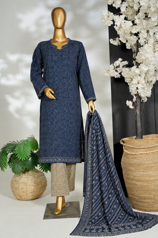 Bin Saeed Stitched 3Pc Printed Khaddar - Navy Blue