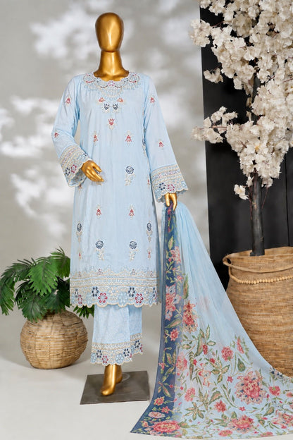 Silwalo | Stitched 3Pc Heavy Embroidered Cotton – Sky Blue - BarerahFabrics