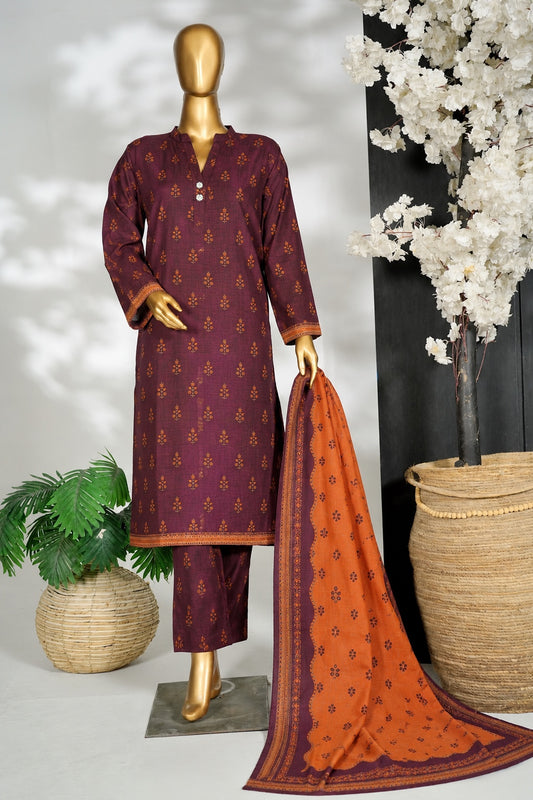 Bin Saeed Stitched 3Pc Printed Khaddar - Maroon & Orange