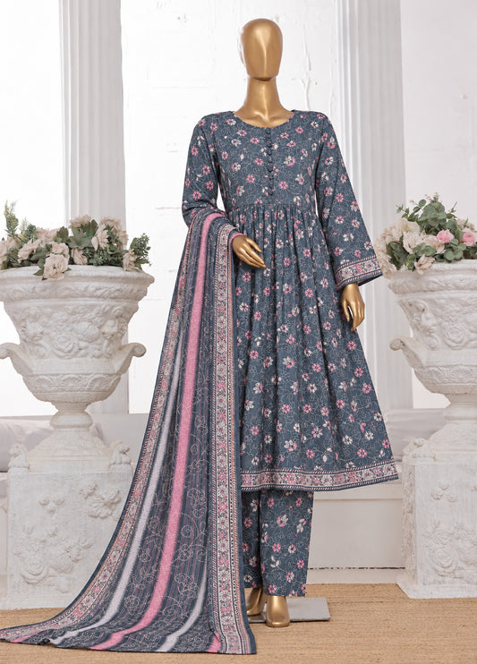 Bin Saeed slate grey and pink stitched 3-piece printed Khaddar frock suit