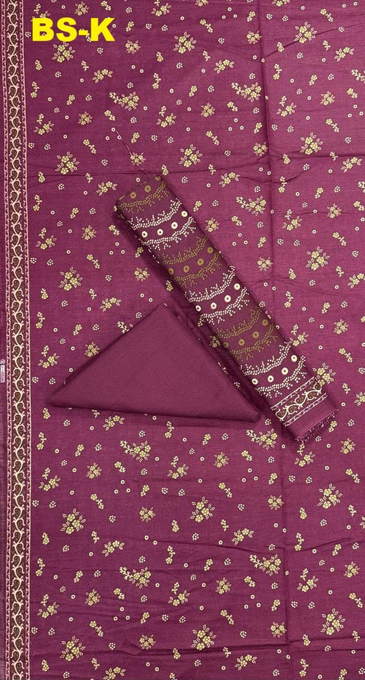 Plum purple khaddar with small yellow floral motifs