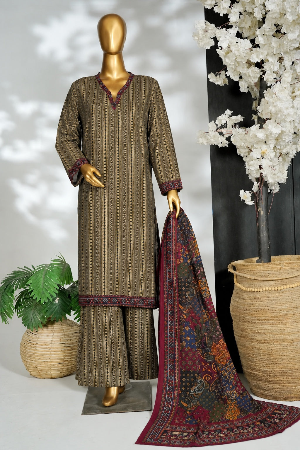 Bin Saeed Stitched 3Pc Printed Khaddar - Beige & Black