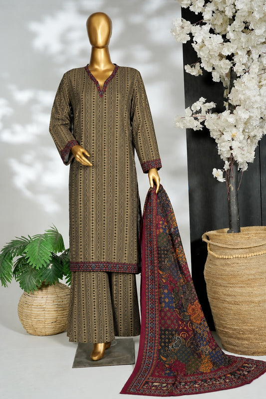 Bin Saeed Stitched 3Pc Printed Khaddar - Beige & Black
